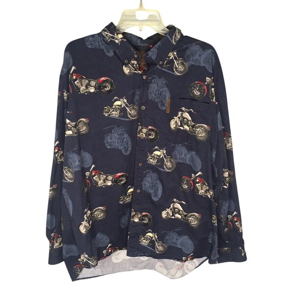 Clearwater Outfitters Motorcycle Button Down LS Shirt Blue All Over Print  XXL - Picture 2 of 13